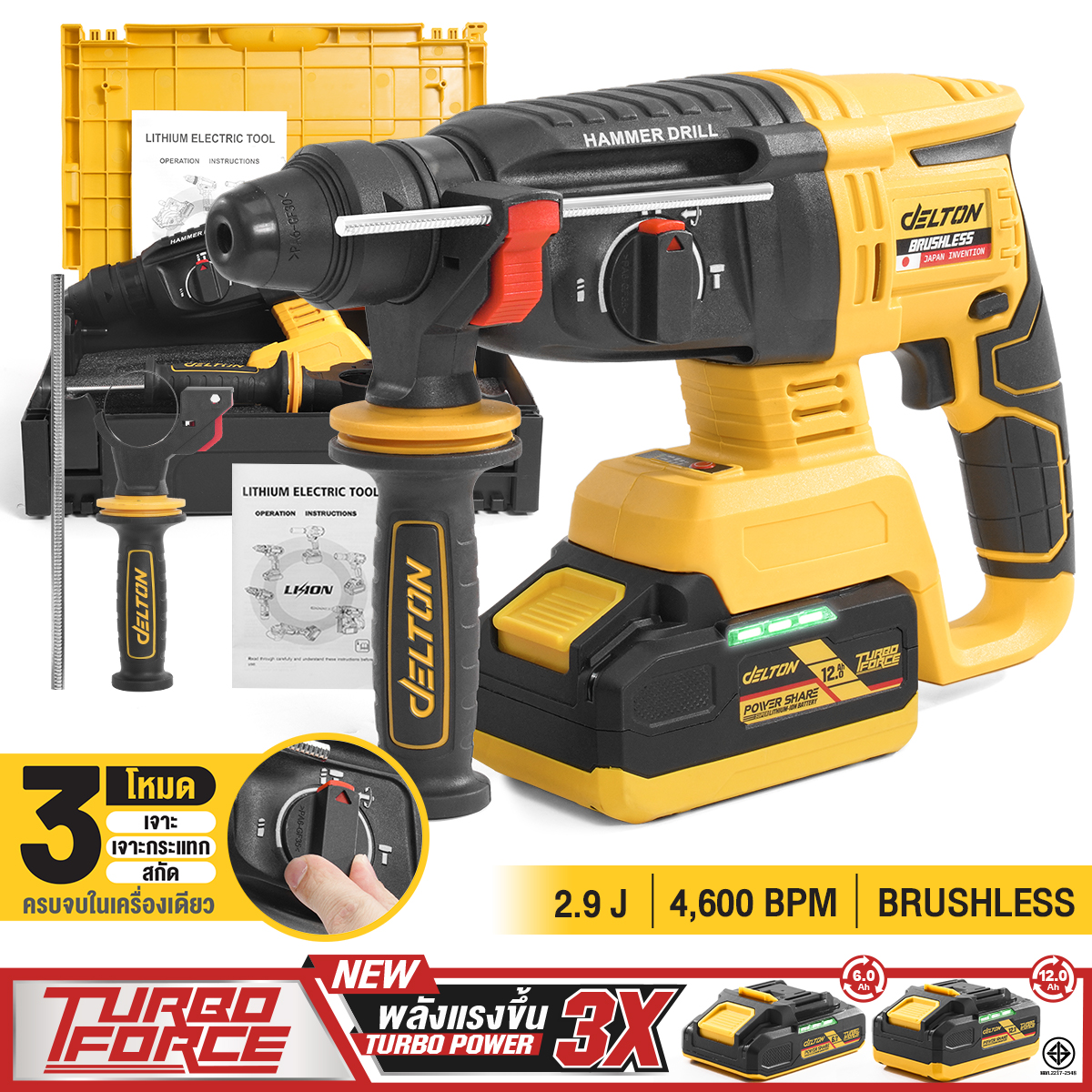 สว่านโรตารี่ไร้สาย (พร้อมแบตเตอรี่) DELTON รุ่น MKT-X9 TURBO FORCE 20V 12AH_11